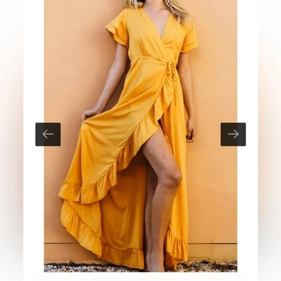Simplee Women’s Ayla Ruffle Wrap Dress in‎ Mustard V-neck 100% Cotton SZ Small - Picture 2 of 13